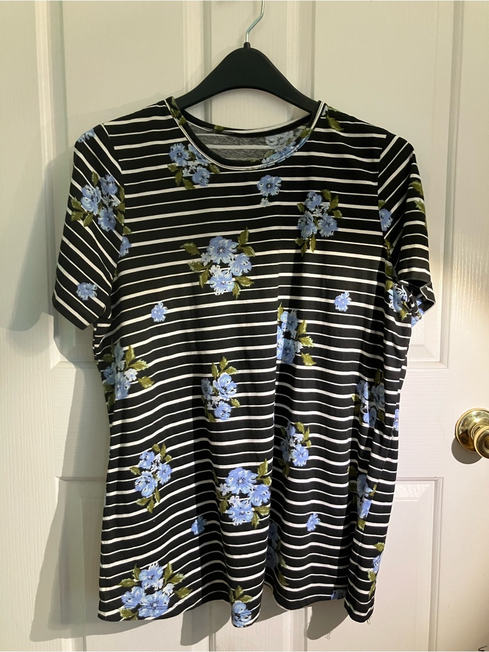 Woman Within Black & Blue Floral Stripe Short-Sleeve Tee